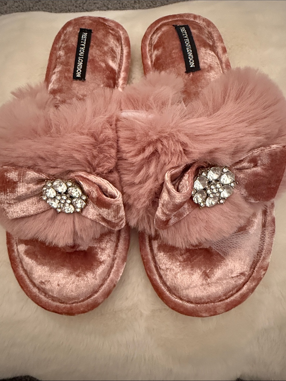 Plush Blush Pink Velvet Slide Slippers with Crystal Bow Accent